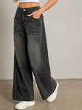 Women's Casual Bling Black Hot Drilling Wide Leg Denim Pants