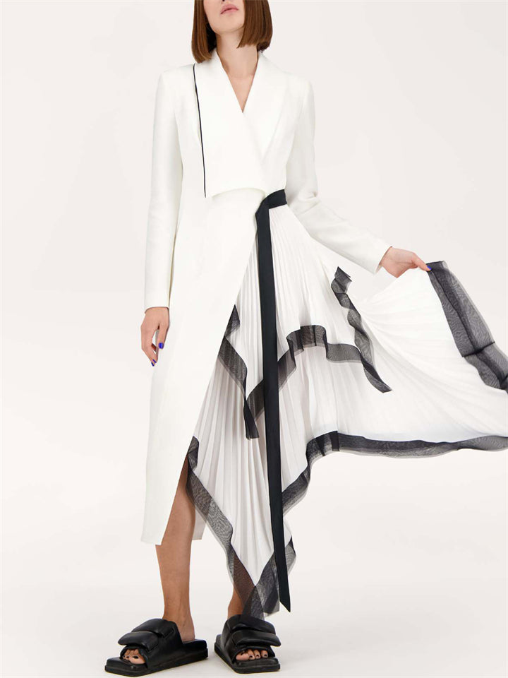 Women's White Long Sleeve Asymmetric Patchwork Suit Coat