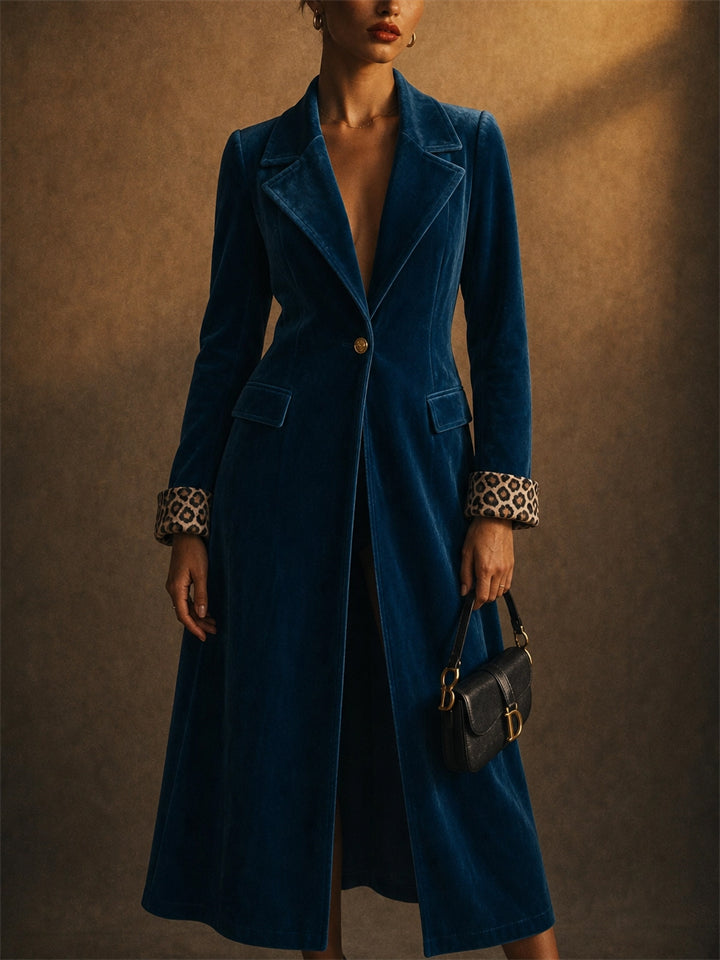 Women Elegant Velvet Leopard Print Cuffs Maxi Coat