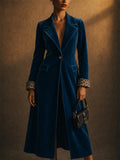 Women Elegant Velvet Leopard Print Cuffs Maxi Coat