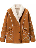 Women's Winter Contrast Color Print Lapel Pockets Coat