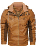 Men's Winter Streetwear Faux Leather Patchwork Fleece Lined Hooded Coats