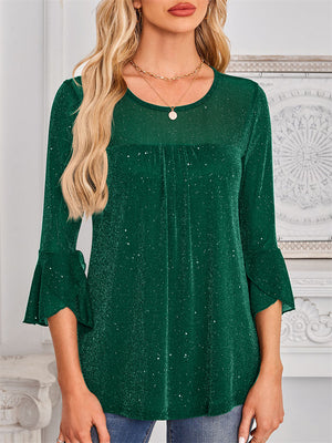 Women's Mesh Patchwork Bling 3/4 Flare Sleeve Shirt