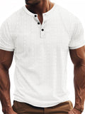 Men's Comfy Solid Color Plaid Short Sleeve Henley T-Shirt