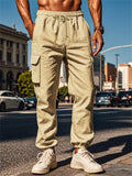 Men's Casual Solid Color Multi-pockets Drawstring Straight Jogger Trousers