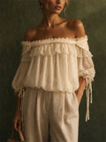 Women Sage Green Champagne Off Shoulder Ruffle Chiffon Blouse Top
