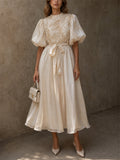Women Elegant Shiny Puff Sleeve Smocked Maxi Party Dress