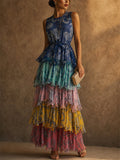Women Boho Sleeveless Floral Multi Color Tiered Maxi Dress