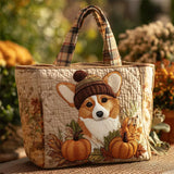 Corgi Dog Pumpkin Quilted Tote Handbags