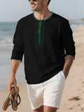 Men's Contrast Trim Cotton Linen Casual Long-sleeved Henry Shirts