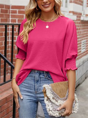 Women's Summer Solid Color Texture Round Neck Half Sleeve Shirt