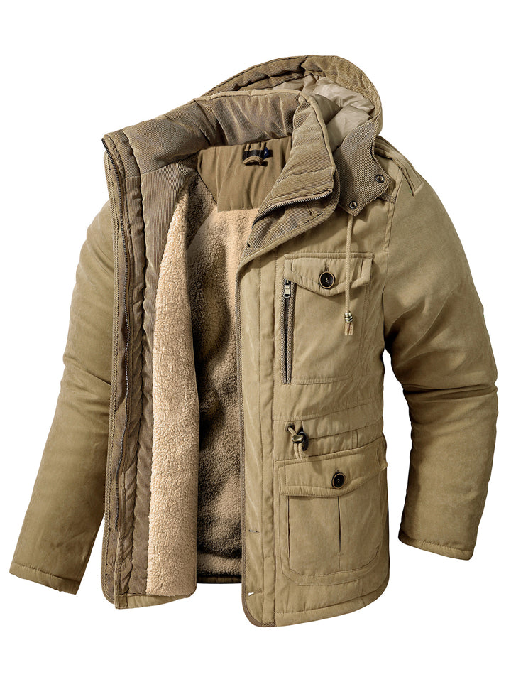 ‌Men's Warm Thermal Lined Outdoor Hooded Coat with Multiple Pockets‌