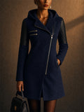 Women Quilted Sleeve Hooded Moto Coat with Asymmetric Zip