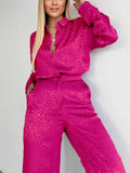 Comfy Long Sleeve Cheetah Print Lapel Shirt and Wide Leg Pant Set