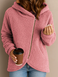 Women's Solid Color Long-sleeved Zip Up Asymmetric Hooded Fleece Coats