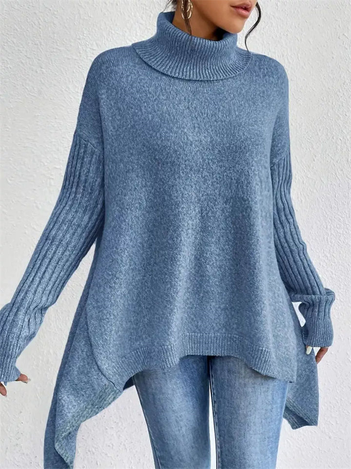 Plus Size Ladies' Blue High Neck Drop Shoulder Asymmetric Hem Sweaters