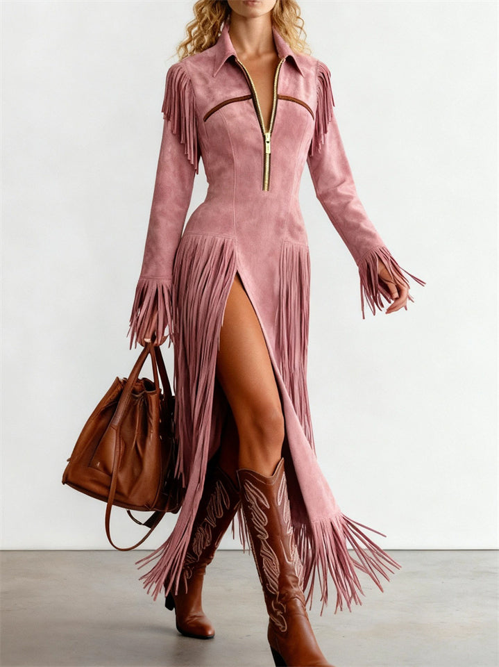 A‌utumn Boho Fringe Pink Suede Dress for Women with Zipper and Slit‌
