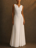 Women White Sleeveless V Neck Pleated Evening Maxi Gown Dress