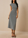 Women Striped Knitted Midi Dress Sleeveless Slim Fit Casual Office Wear