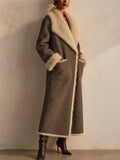 Women Faux Suede Reversible Long Winter Overcoat with Faux Fur Trim