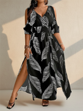 Palm Print Cold Shoulder V-Neck Split Maxi Dress for Women