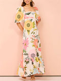 Women's Flower Printed Square Neck Lantern Sleeve Dresses