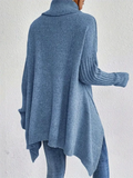 Plus Size Ladies' Blue High Neck Drop Shoulder Asymmetric Hem Sweaters
