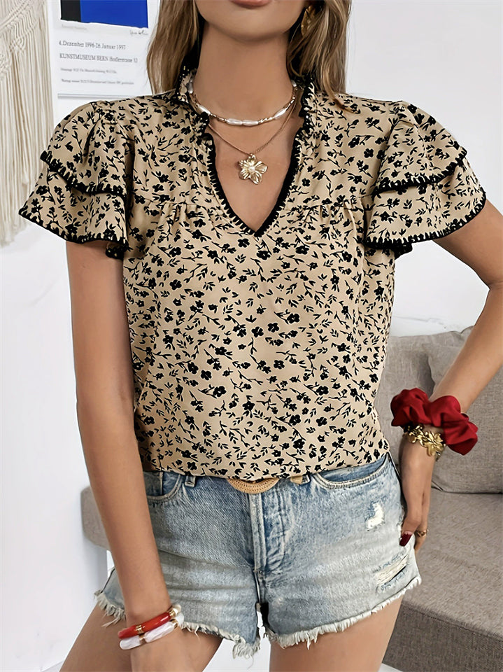 Women's French Style Floral Printed V Neck Ruffled Sleeve Shirts