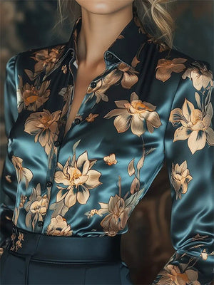 Women's Lotus Printed Satin Slim Fit Lapel Long Sleeve Shirt