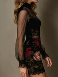 S‌exy Black Lace Floral Print Mesh Sheer Sleeves Women's Dress