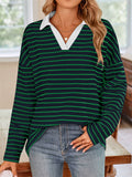Women's Stripe Contrast Color V Neck Long Sleeve Shirts