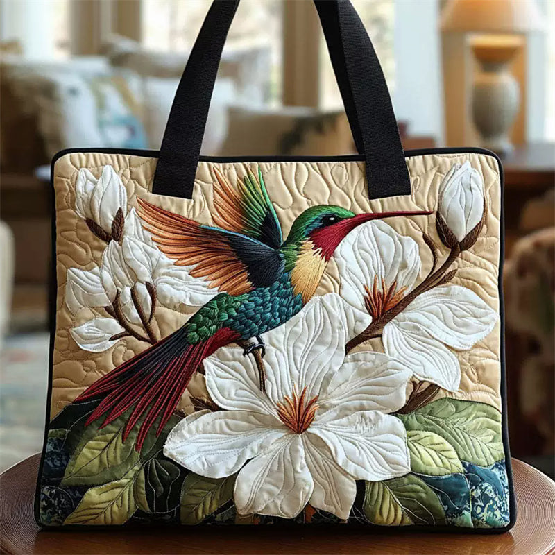 Quilted Hummingbird Floral Canvas Tote Bag