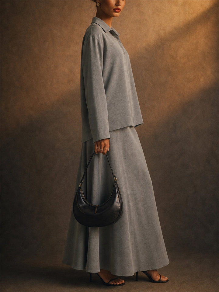Womens Modest 2 Piece Tie Front Shirt and Sleeveless Maxi Dress Set
