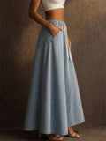 Women High Waist Drawstring A Line Denim Maxi Skirt