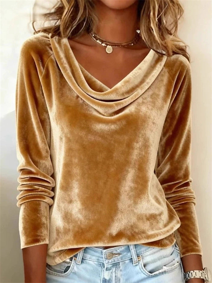 ‌Women's Autumn Simple Elegant Velvet Cowl Neck Long Sleeve Blouse‌