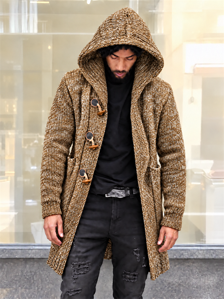 Men's Casual Horn Button Hooded Long Cardigan