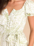 Female Classy Waist Tie Puff Sleeve Leaf Printed Dresses