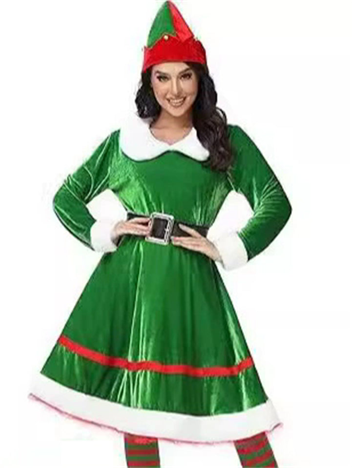 Women's Contrast Color Green Knee Length Velvet Dress with Socks & Hat Set