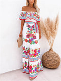 Women's Flower Print Off Shoulder Bohemian Dress