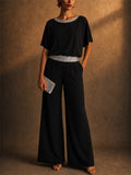 Women 2 Piece Causal Sequin BatWing Sleeve Top and Wide Leg Pants Set