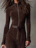 ‌Elegant Brown Zip Up Slim Fit Split Maxi Dress for Women‌