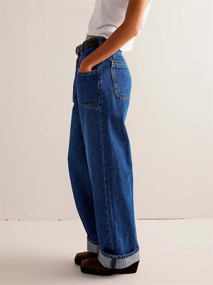 Female Loose Washed Button Trim Jeans with Pockets