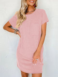 Summer Casual Round Neck Chest Pocket Mini Striped Dress for Lady