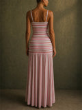 Women Pink White Striped Spaghetti Strap Bodycon Maxi Dress