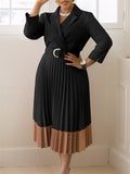 Women's Mid Sleeve Office Lady Style Blazer Collar Pleated Midi Dress With Belt