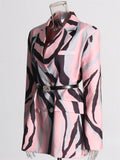 Fashion Women Pink Long Sleeve Printed Belted Jacket
