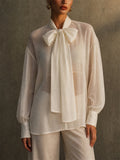 Women Elegant Sheer Bow Tie Lantern Sleeve Blouse