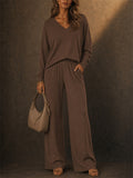 Women's V Neck Long Sleeve Loose Fit Comfy Top and Pants Lounge Set