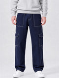 Mens Contrast Stitch Baggy Wide Leg Cargo Pants with Pockets