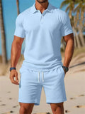 Men's 2Pcs Summer Solid Color Short Sleeve Polo Shirt & Shorts Set